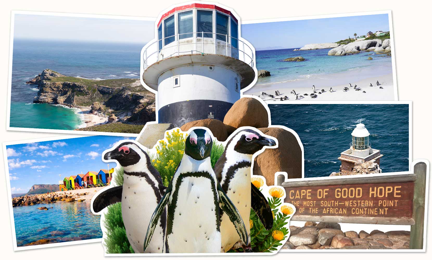 Collaged scene of various elements including the Cape Point light house, granite boulders, penguins, a sign at the Cape of Good Hope and background photos of Dias Beach and the lower lighthouse